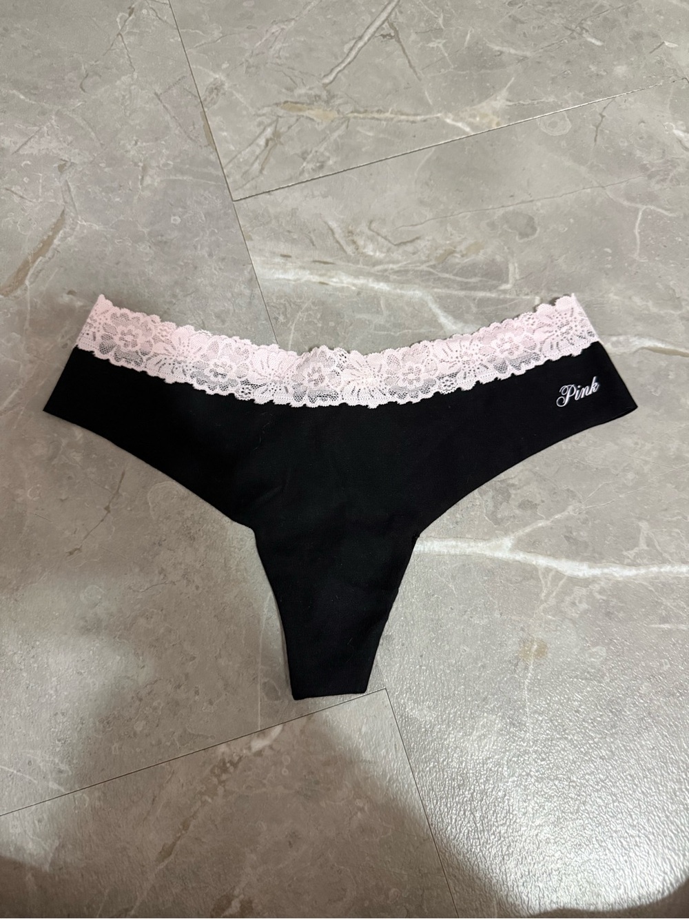 PINK Victoria's Secret Black Thong with Pale Pink Lace Waistband